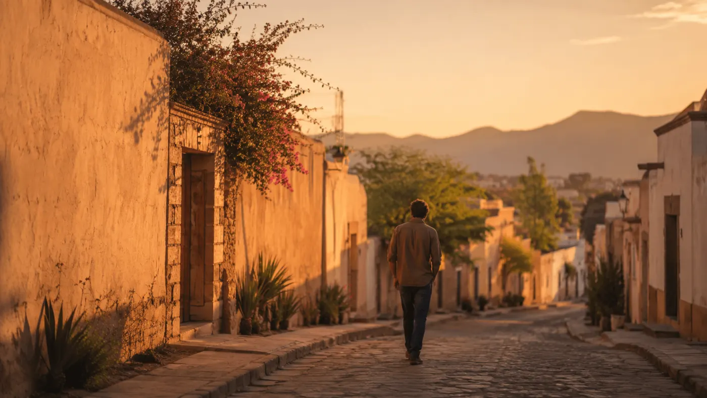 A person walking home down a warm local street