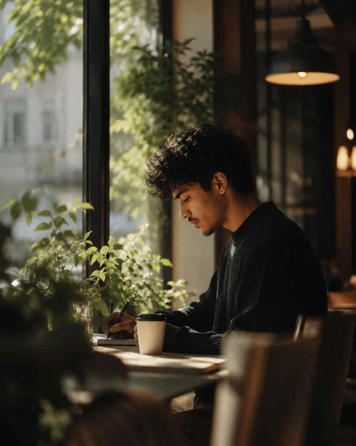 A person working by a sunlit cafe window